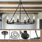 Black Farmhouse Chandelier, 6-Light Wagon Wheel Chandelier with Adjustable Height, Dining Room Light Fixture, Hanging Lights for Kitchen Island, Living Room, Bedroom, Entryway, E12 Base - Grand Goldman