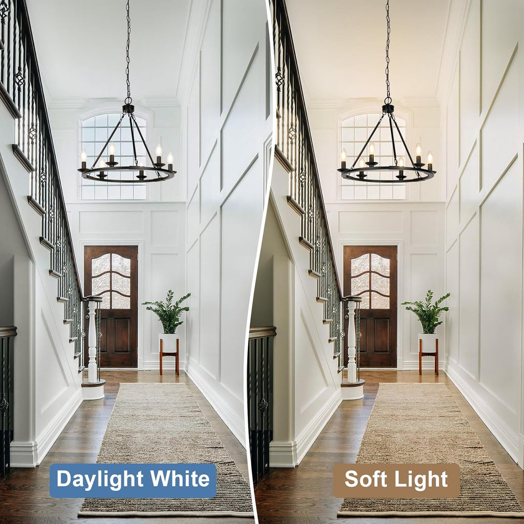 Black Farmhouse Chandelier, 6-Light Wagon Wheel Chandelier with Adjustable Height, Dining Room Light Fixture, Hanging Lights for Kitchen Island, Living Room, Bedroom, Entryway, E12 Base - Grand Goldman