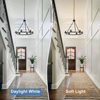 Black Farmhouse Chandelier, 6-Light Wagon Wheel Chandelier with Adjustable Height, Dining Room Light Fixture, Hanging Lights for Kitchen Island, Living Room, Bedroom, Entryway, E12 Base - Grand Goldman