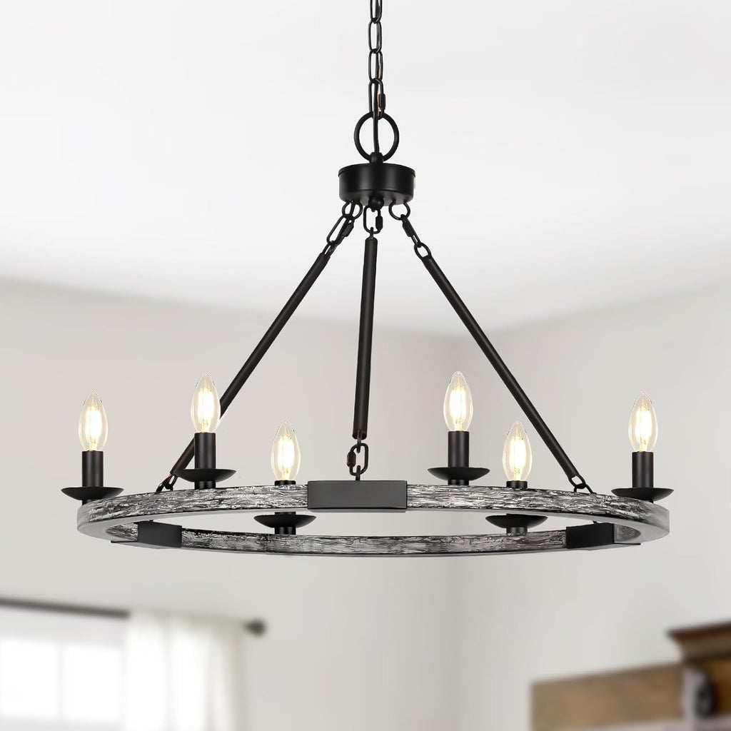 Black Farmhouse Chandelier, 6-Light Wagon Wheel Chandelier with Adjustable Height, Dining Room Light Fixture, Hanging Lights for Kitchen Island, Living Room, Bedroom, Entryway, E12 Base - Grand Goldman