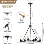 Black Farmhouse Chandelier, 6-Light Wagon Wheel Chandelier with Adjustable Height, Dining Room Light Fixture, Hanging Lights for Kitchen Island, Living Room, Bedroom, Entryway, E12 Base - Grand Goldman