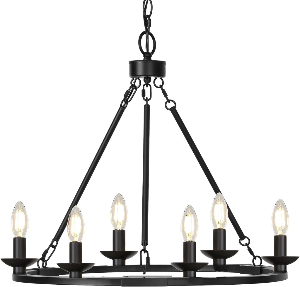 Black Farmhouse Chandelier, 6-Light Wagon Wheel Chandelier with Adjustable Height, Dining Room Light Fixture, Hanging Lights for Kitchen Island, Living Room, Bedroom, Entryway, E12 Base - Grand Goldman