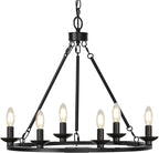 Black Farmhouse Chandelier, 6-Light Wagon Wheel Chandelier with Adjustable Height, Dining Room Light Fixture, Hanging Lights for Kitchen Island, Living Room, Bedroom, Entryway, E12 Base - Grand Goldman
