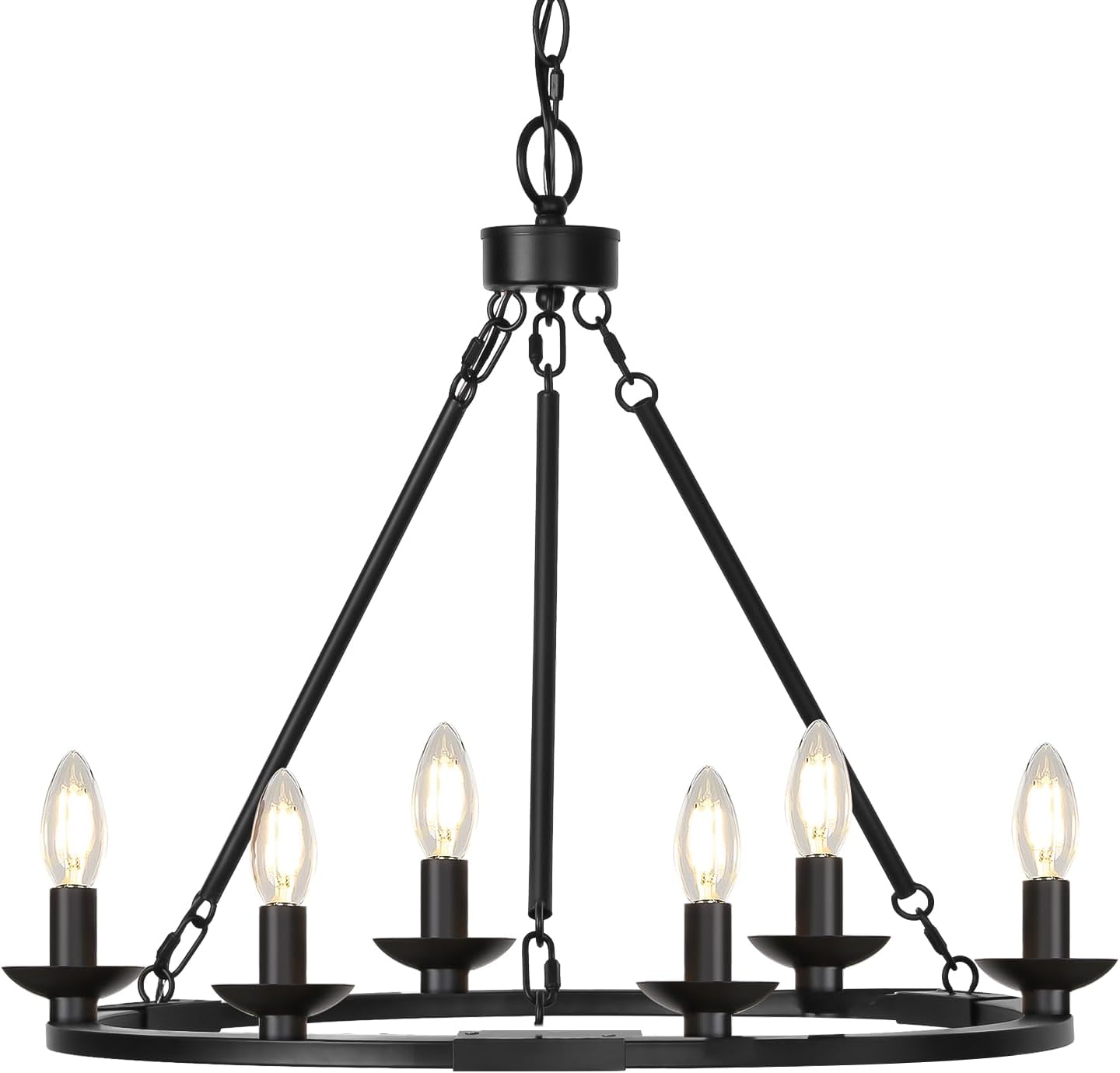 Black Farmhouse Chandelier, 6-Light Wagon Wheel Chandelier with Adjustable Height, Dining Room Light Fixture, Hanging Lights for Kitchen Island, Living Room, Bedroom, Entryway, E12 Base - Grand Goldman