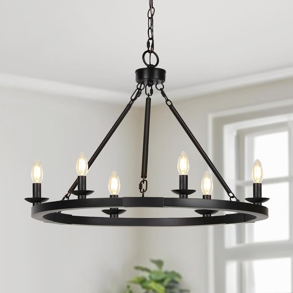 Black Farmhouse Chandelier, 6-Light Wagon Wheel Chandelier with Adjustable Height, Dining Room Light Fixture, Hanging Lights for Kitchen Island, Living Room, Bedroom, Entryway, E12 Base - Grand Goldman