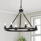 Black Farmhouse Chandelier, 6-Light Wagon Wheel Chandelier with Adjustable Height, Dining Room Light Fixture, Hanging Lights for Kitchen Island, Living Room, Bedroom, Entryway, E12 Base - Grand Goldman