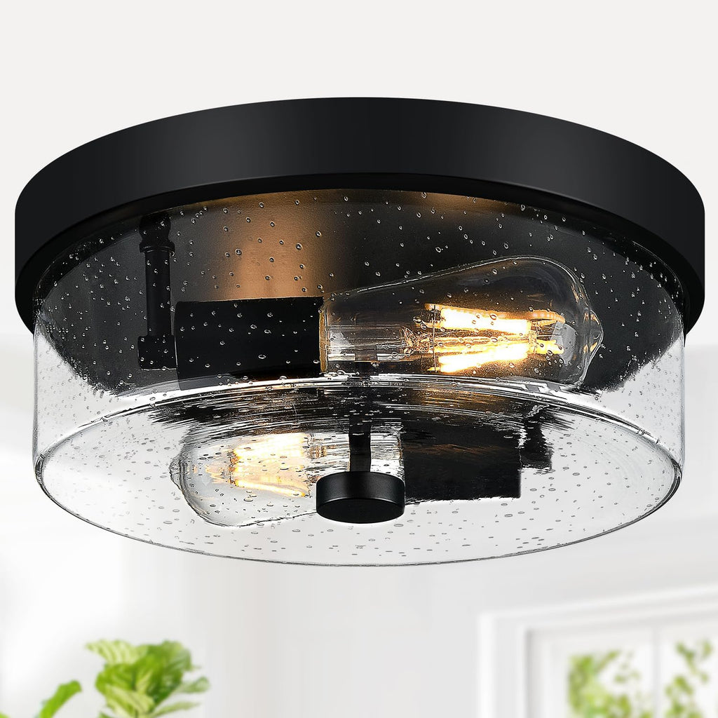 Black Flush Mount Ceiling Light Fixtures, 2-Light Ceiling Mount for Farmhouse with Seeded Glass Lampshade, Industrial Flush Mount Light Fixture Farmhouse for Hallway, Kitchen, Entryway and Foyer - Grand Goldman