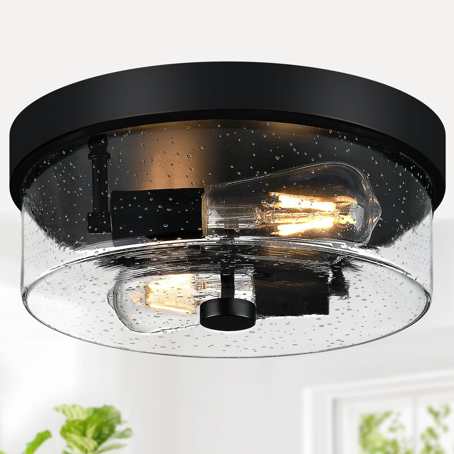 Black Flush Mount Ceiling Light Fixtures, 2-Light Ceiling Mount for Farmhouse with Seeded Glass Lampshade, Industrial Flush Mount Light Fixture Farmhouse for Hallway, Kitchen, Entryway and Foyer - Grand Goldman