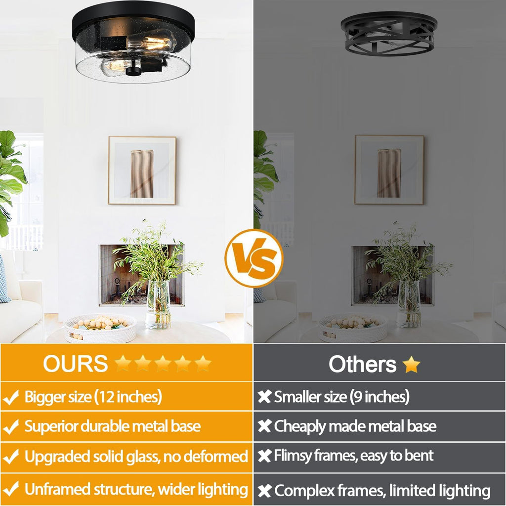 Black Flush Mount Ceiling Light Fixtures, 2-Light Ceiling Mount for Farmhouse with Seeded Glass Lampshade, Industrial Flush Mount Light Fixture Farmhouse for Hallway, Kitchen, Entryway and Foyer - Grand Goldman