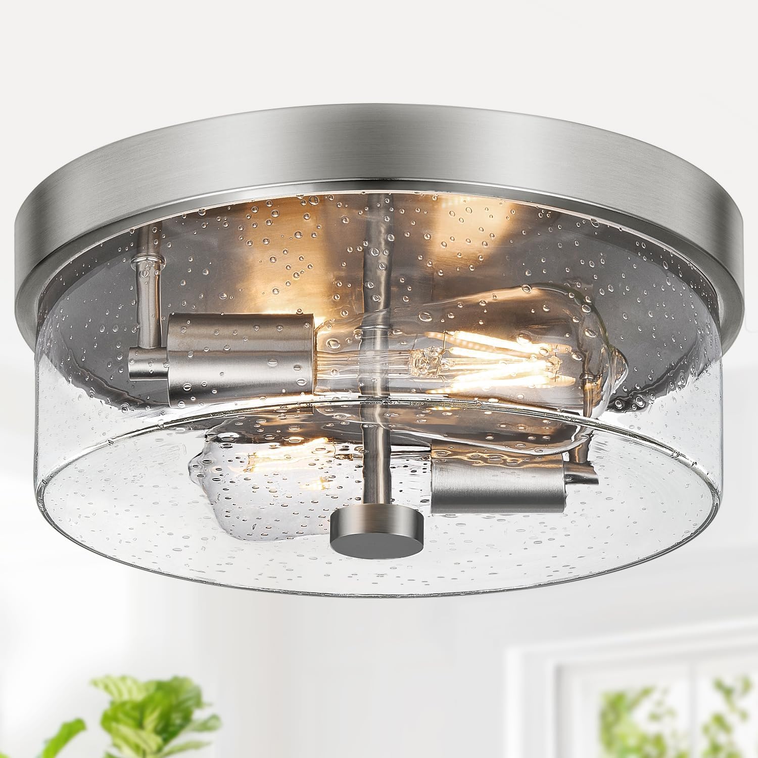 Black Flush Mount Ceiling Light Fixtures, 2-Light Ceiling Mount for Farmhouse with Seeded Glass Lampshade, Industrial Flush Mount Light Fixture Farmhouse for Hallway, Kitchen, Entryway and Foyer - Grand Goldman