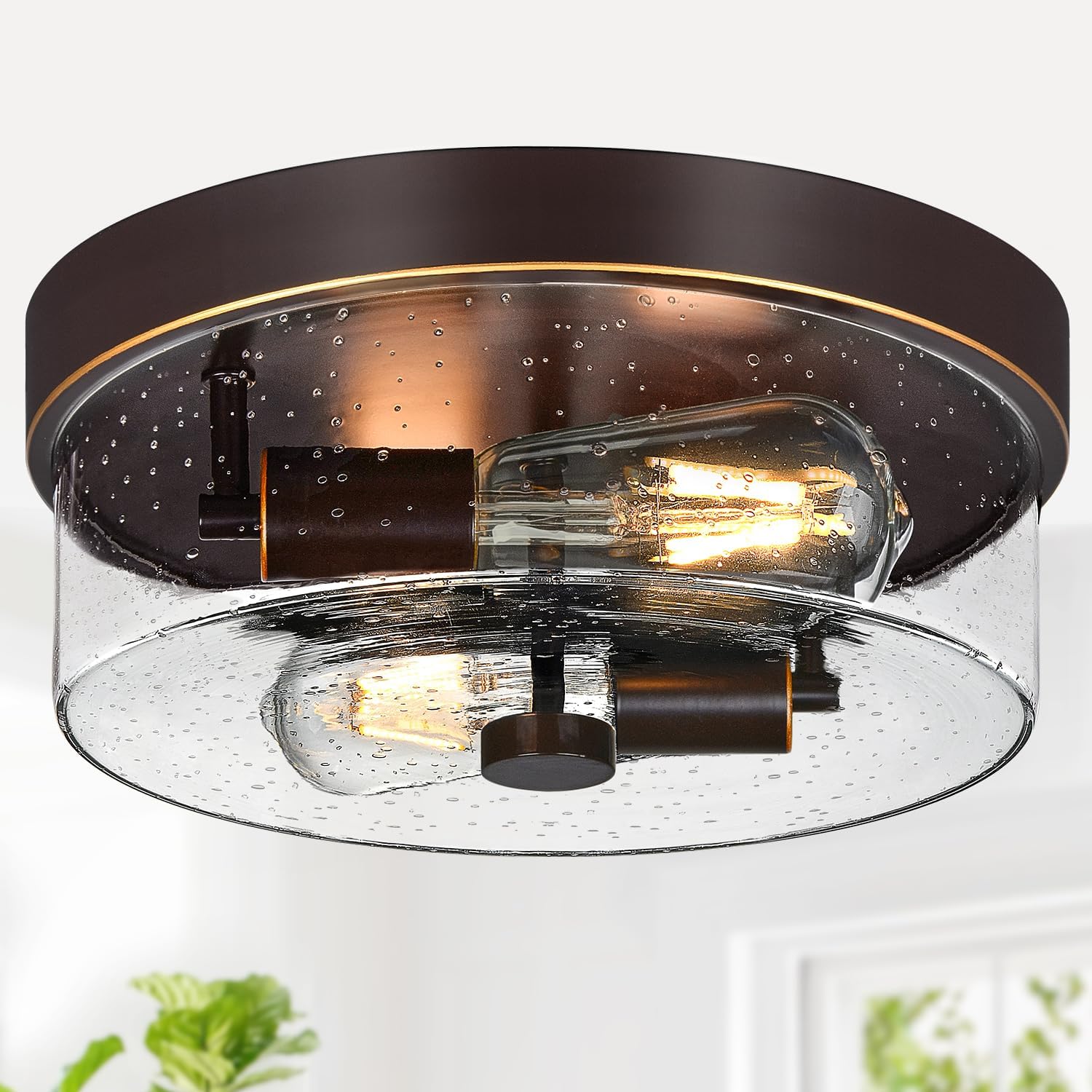 Black Flush Mount Ceiling Light Fixtures, 2-Light Ceiling Mount for Farmhouse with Seeded Glass Lampshade, Industrial Flush Mount Light Fixture Farmhouse for Hallway, Kitchen, Entryway and Foyer - Grand Goldman