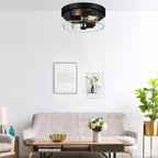 Black Flush Mount Ceiling Light Fixtures, 2-Light Ceiling Mount for Farmhouse with Seeded Glass Lampshade, Industrial Flush Mount Light Fixture Farmhouse for Hallway, Kitchen, Entryway and Foyer - Grand Goldman