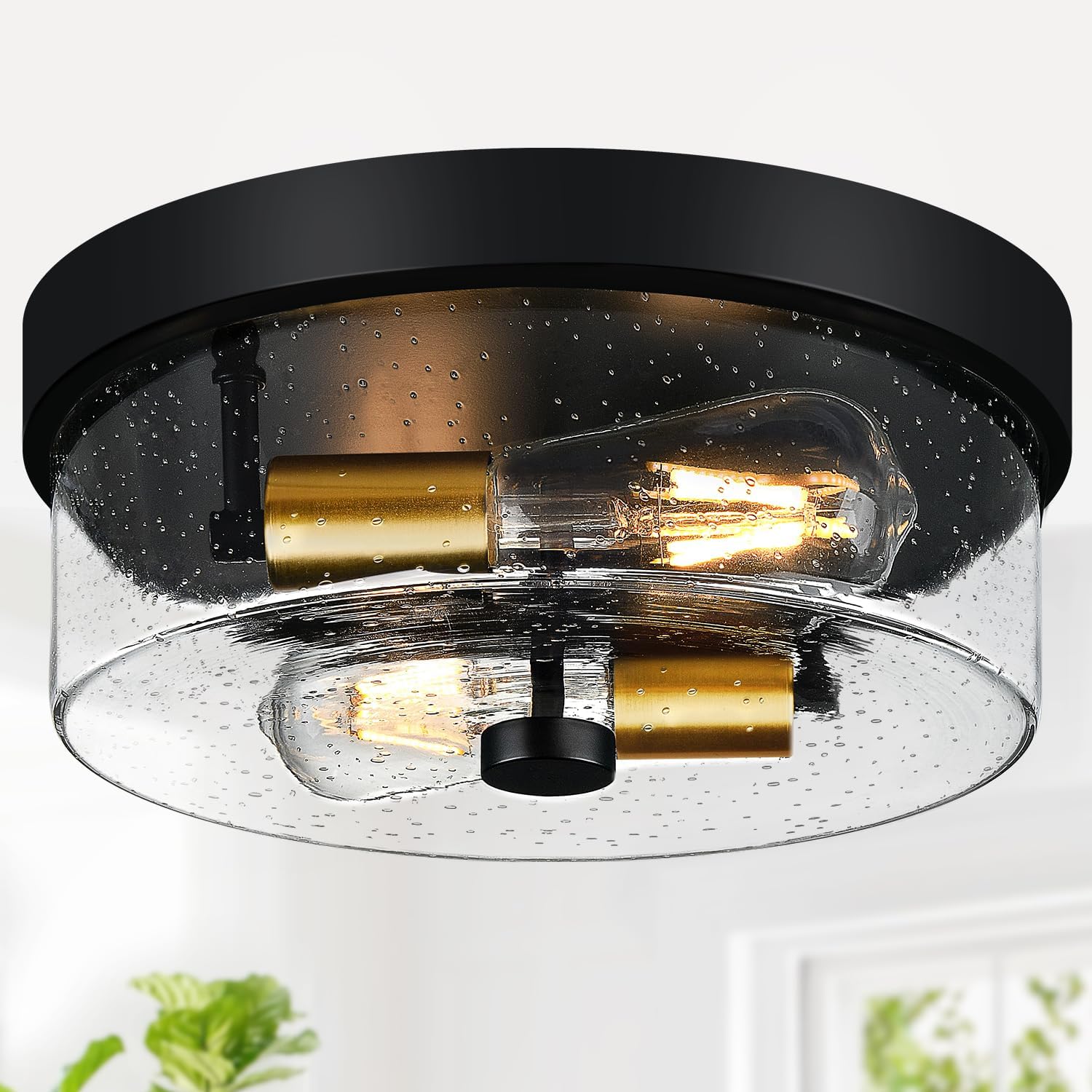 Black Flush Mount Ceiling Light Fixtures, 2-Light Ceiling Mount for Farmhouse with Seeded Glass Lampshade, Industrial Flush Mount Light Fixture Farmhouse for Hallway, Kitchen, Entryway and Foyer - Grand Goldman
