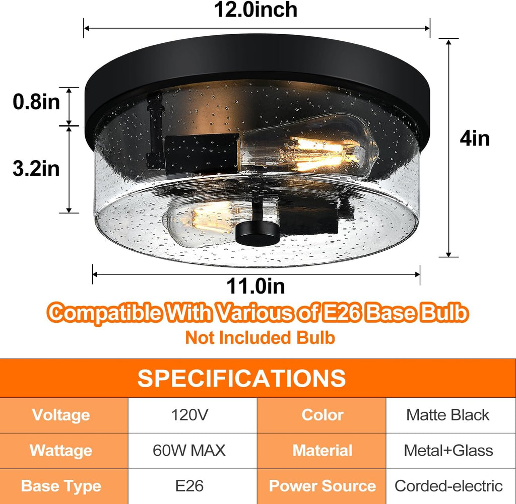 Black Flush Mount Ceiling Light Fixtures, 2-Light Ceiling Mount for Farmhouse with Seeded Glass Lampshade, Industrial Flush Mount Light Fixture Farmhouse for Hallway, Kitchen, Entryway and Foyer - Grand Goldman