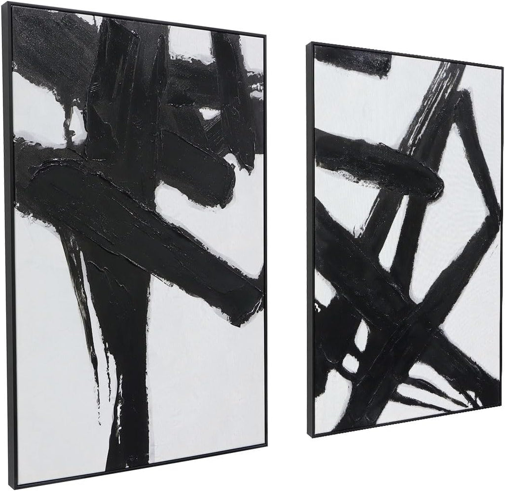 Black Gold Abstract Wall Art - Hand-Painted Geometric Line Spiral Duo Abstract Shapes Canvas Artwork Decor, Set of 2, 24 x 36 Inches, Framed Wall Art - Grand Goldman