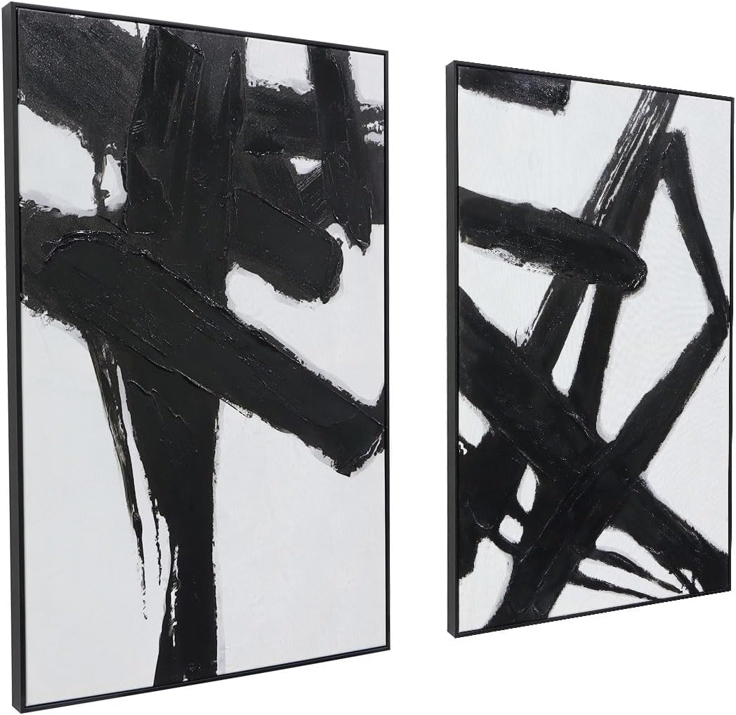 Black Gold Abstract Wall Art - Hand-Painted Geometric Line Spiral Duo Abstract Shapes Canvas Artwork Decor, Set of 2, 24 x 36 Inches, Framed Wall Art - Grand Goldman