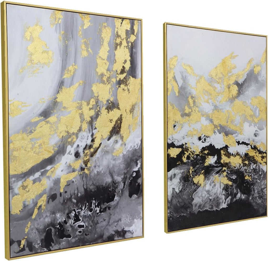 Black Gold Abstract Wall Art - Hand-Painted Geometric Line Spiral Duo Abstract Shapes Canvas Artwork Decor, Set of 2, 24 x 36 Inches, Framed Wall Art - Grand Goldman