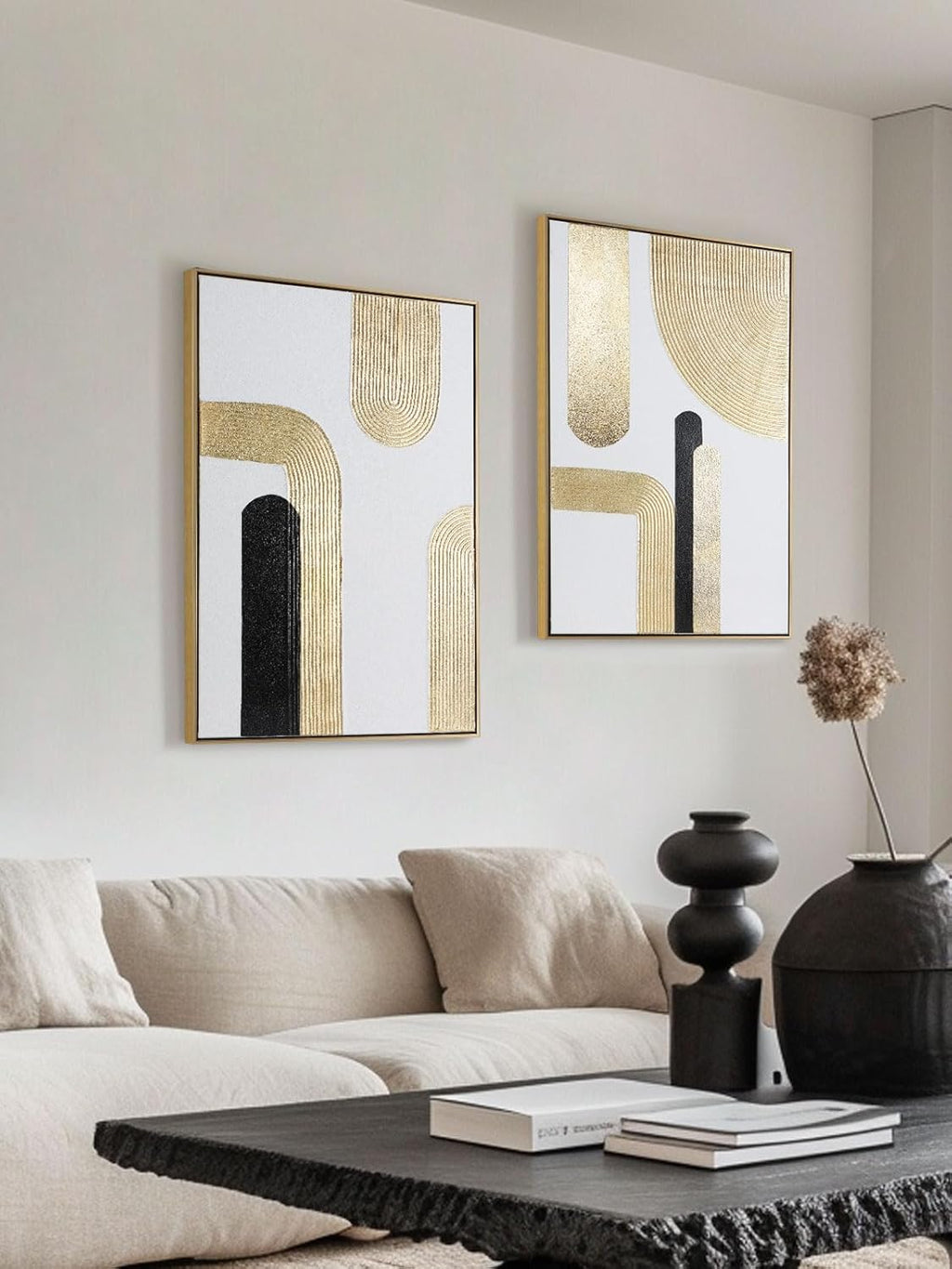 Black Gold Abstract Wall Art - Hand-Painted Geometric Line Spiral Duo Abstract Shapes Canvas Artwork Decor, Set of 2, 24 x 36 Inches, Framed Wall Art - Grand Goldman