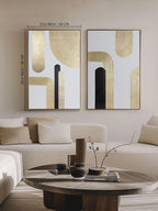 Black Gold Abstract Wall Art - Hand-Painted Geometric Line Spiral Duo Abstract Shapes Canvas Artwork Decor, Set of 2, 24 x 36 Inches, Framed Wall Art - Grand Goldman