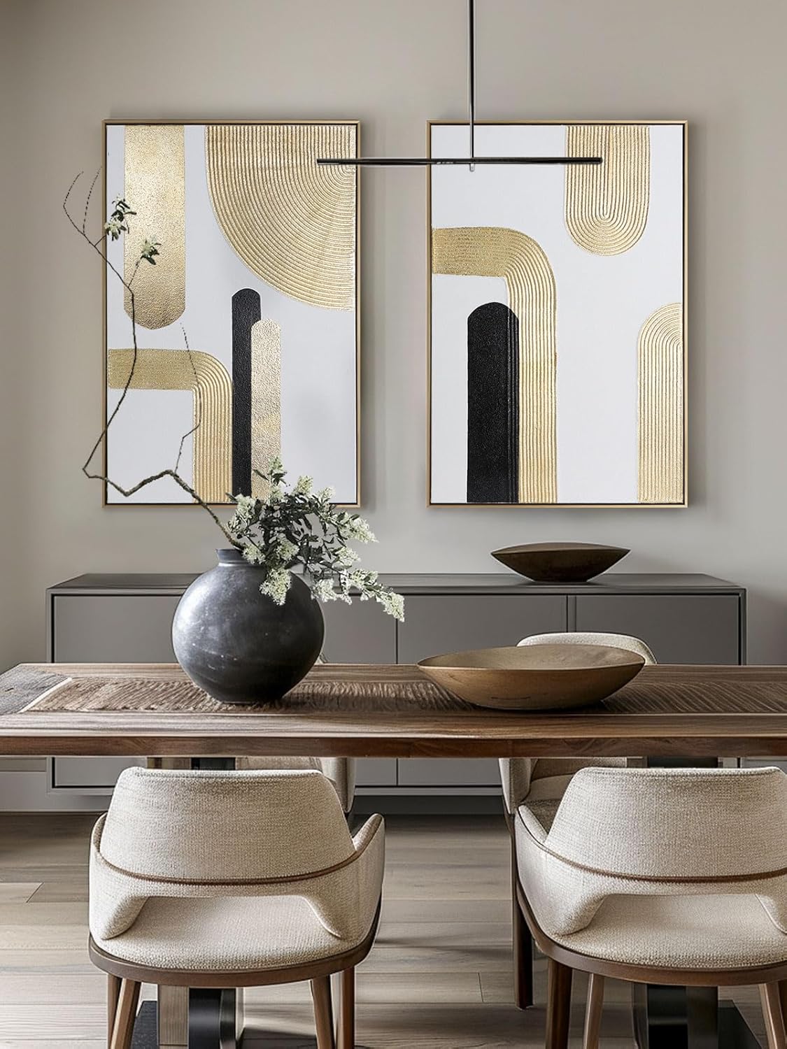 Black Gold Abstract Wall Art - Hand-Painted Geometric Line Spiral Duo Abstract Shapes Canvas Artwork Decor, Set of 2, 24 x 36 Inches, Framed Wall Art - Grand Goldman