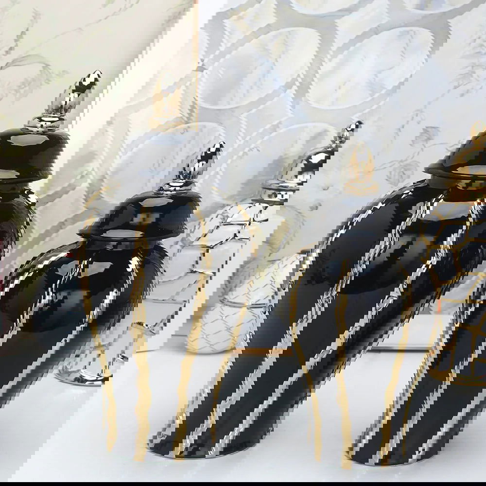 Black Gold Ceramic Pot Checkmate Can Golden Wave Pattern Porcelain Vintage Bottle Flower Vase Storage Tank Home Decoration - Grand Goldman