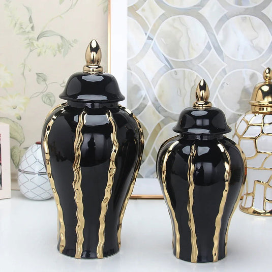 Black Gold Ceramic Pot Checkmate Can Golden Wave Pattern Porcelain Vintage Bottle Flower Vase Storage Tank Home Decoration - Grand Goldman