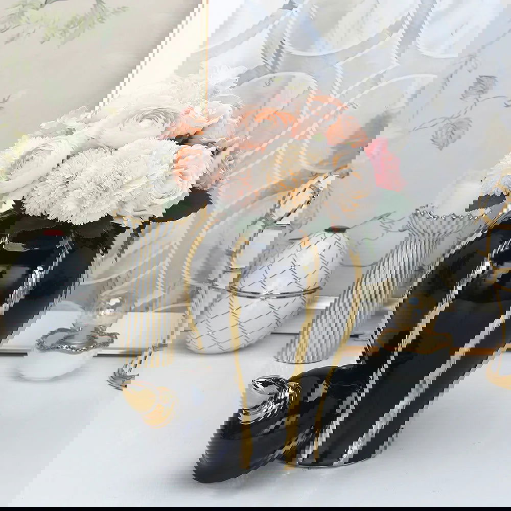 Black Gold Ceramic Pot Checkmate Can Golden Wave Pattern Porcelain Vintage Bottle Flower Vase Storage Tank Home Decoration - Grand Goldman