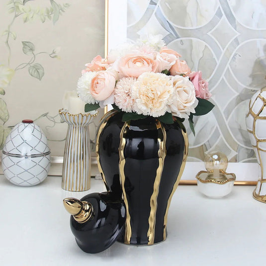 Black Gold Ceramic Pot Checkmate Can Golden Wave Pattern Porcelain Vintage Bottle Flower Vase Storage Tank Home Decoration - Grand Goldman