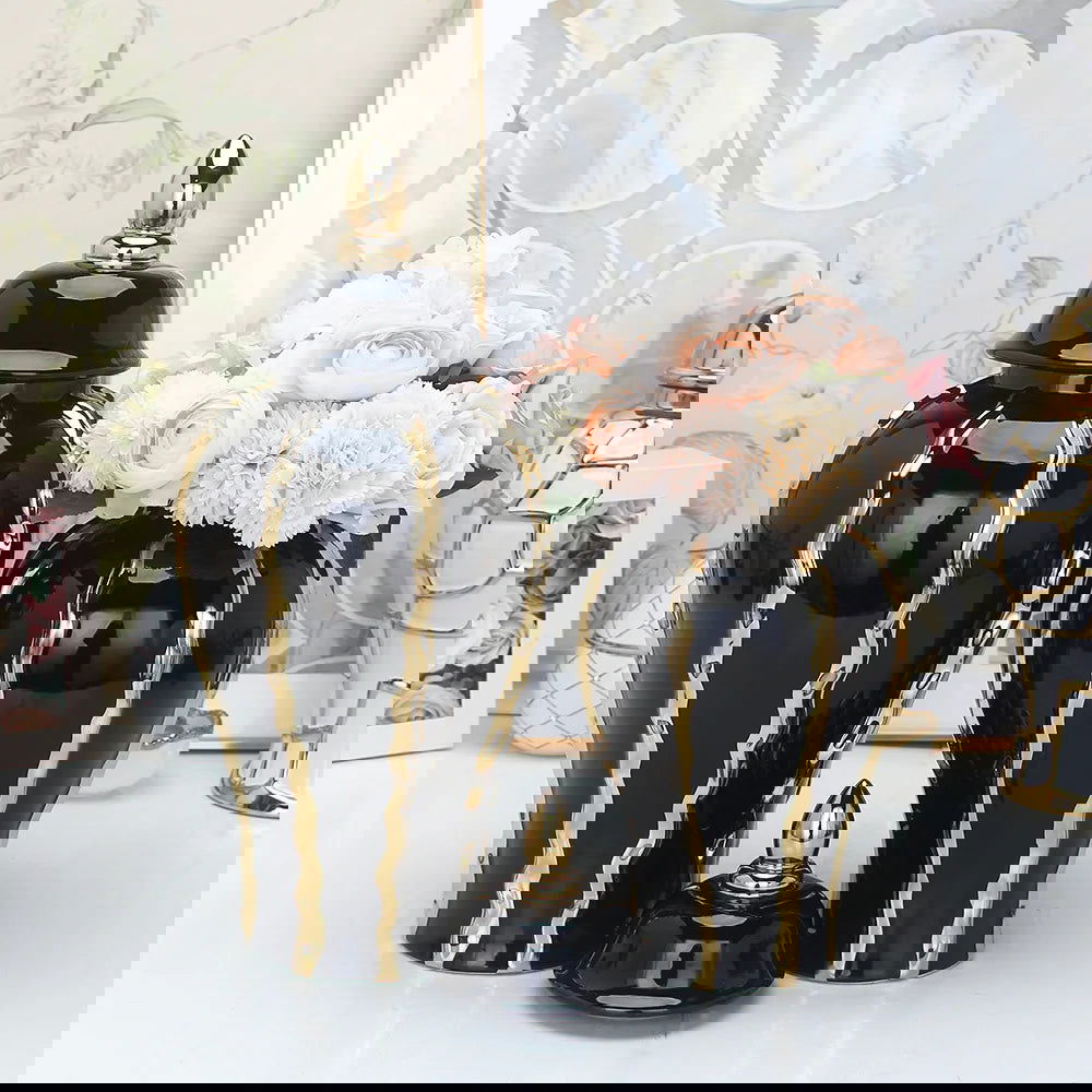 Black Gold Ceramic Pot Checkmate Can Golden Wave Pattern Porcelain Vintage Bottle Flower Vase Storage Tank Home Decoration - Grand Goldman