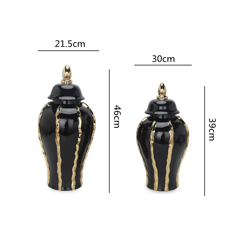 Black Gold Ceramic Pot Checkmate Can Golden Wave Pattern Porcelain Vintage Bottle Flower Vase Storage Tank Home Decoration - Grand Goldman