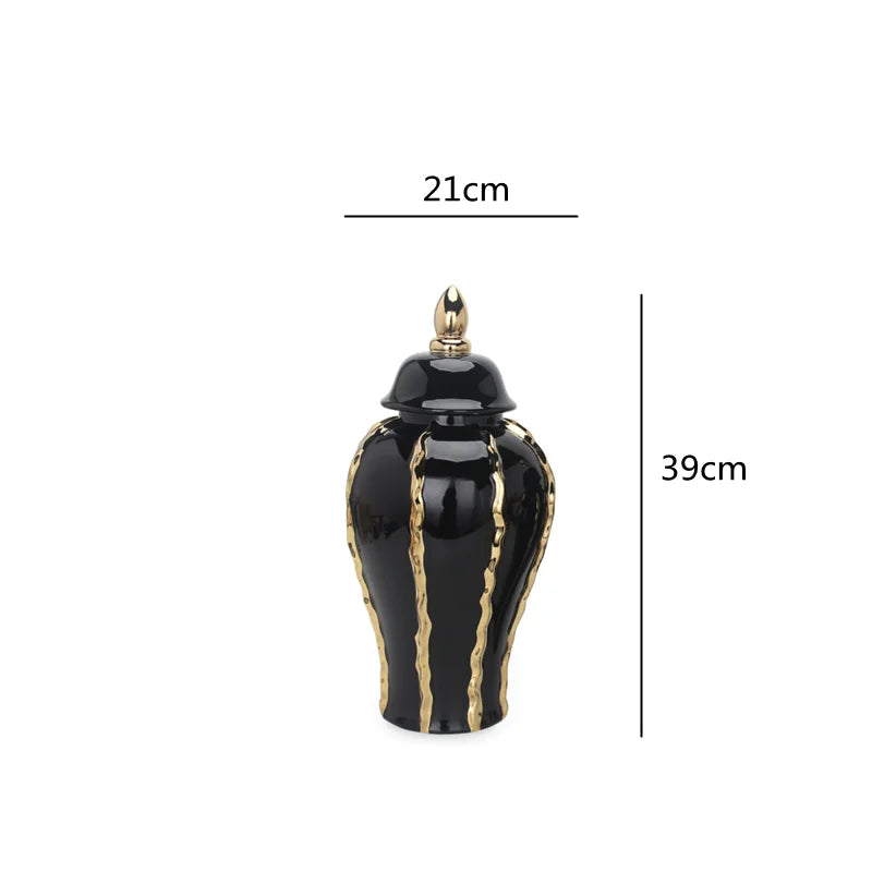 Black Gold Ceramic Pot Checkmate Can Golden Wave Pattern Porcelain Vintage Bottle Flower Vase Storage Tank Home Decoration - Grand Goldman