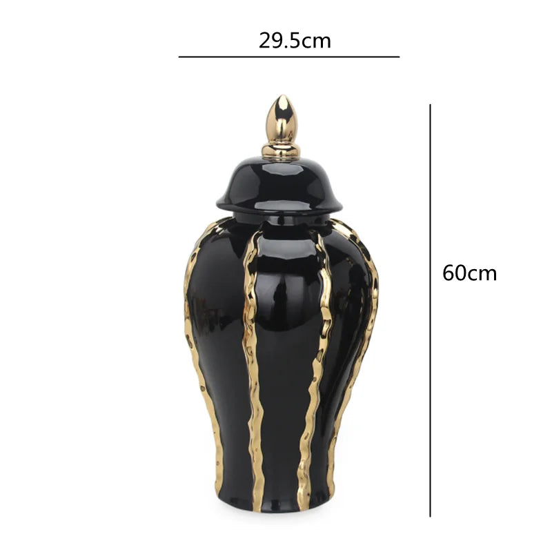 Black Gold Ceramic Pot Checkmate Can Golden Wave Pattern Porcelain Vintage Bottle Flower Vase Storage Tank Home Decoration - Grand Goldman