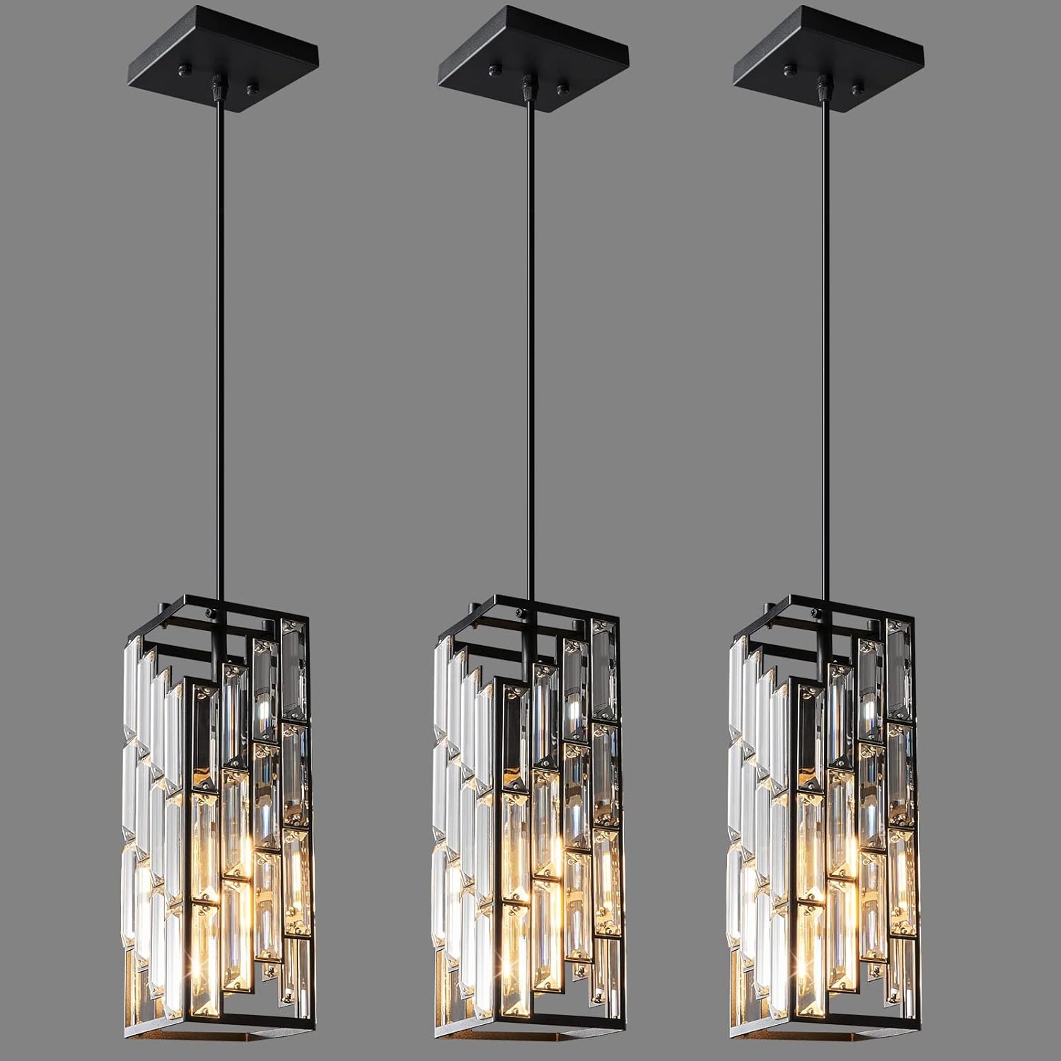 Black Pendant Lighting Modern Pendant Light, Mini Crystal Chandeliers,Adjustable Pendant Light Fixture for Kitchen Island Dinning Room Bedroom (3 Pack) - Grand Goldman