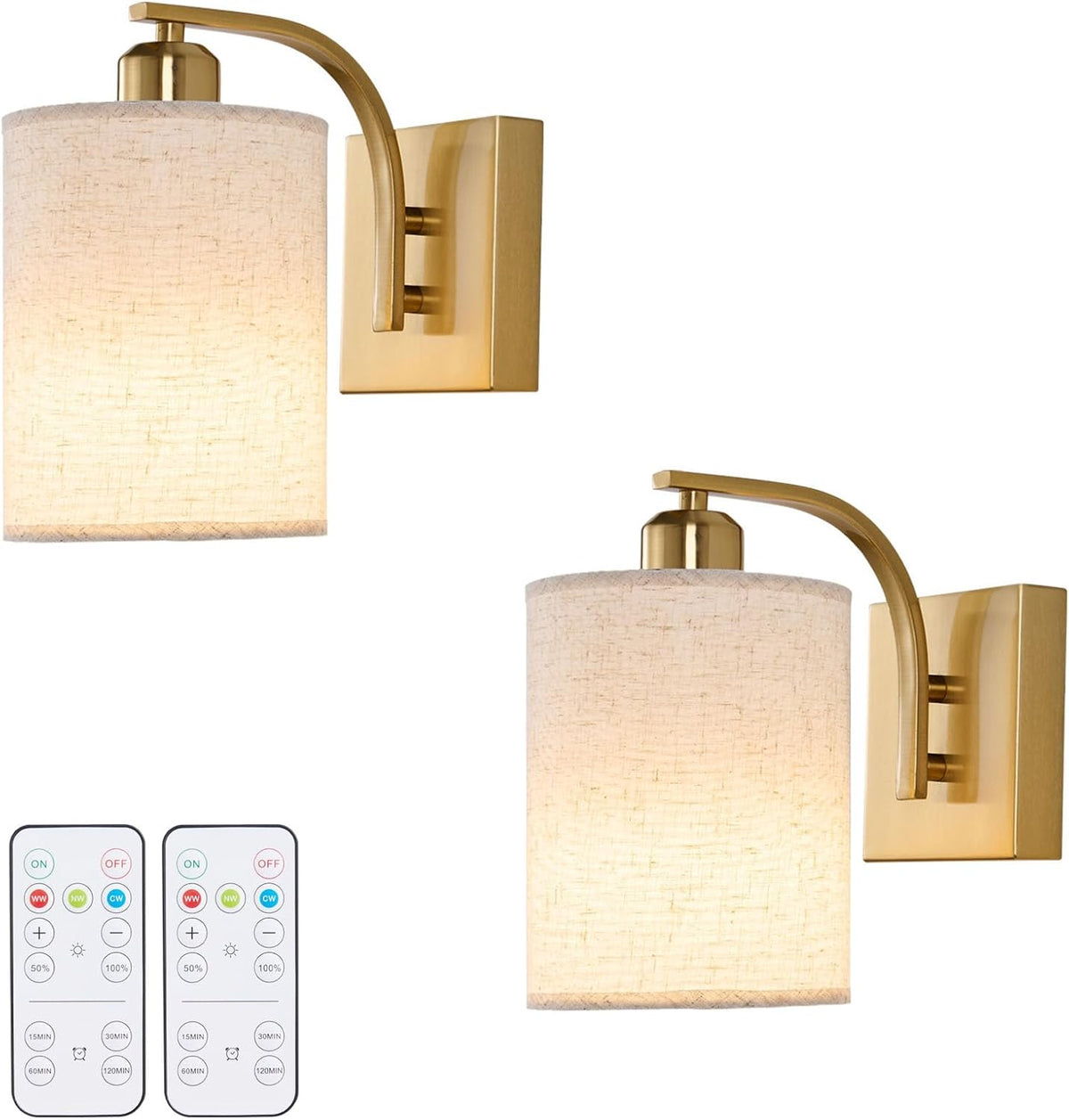 Modern Gold Wireless Battery Operated Wall Sconces – Set Of 2, Rechargeable LED, Dimmable With Remote, USB-C Charging, 3000mAh Battery, 12 RGB Colors
