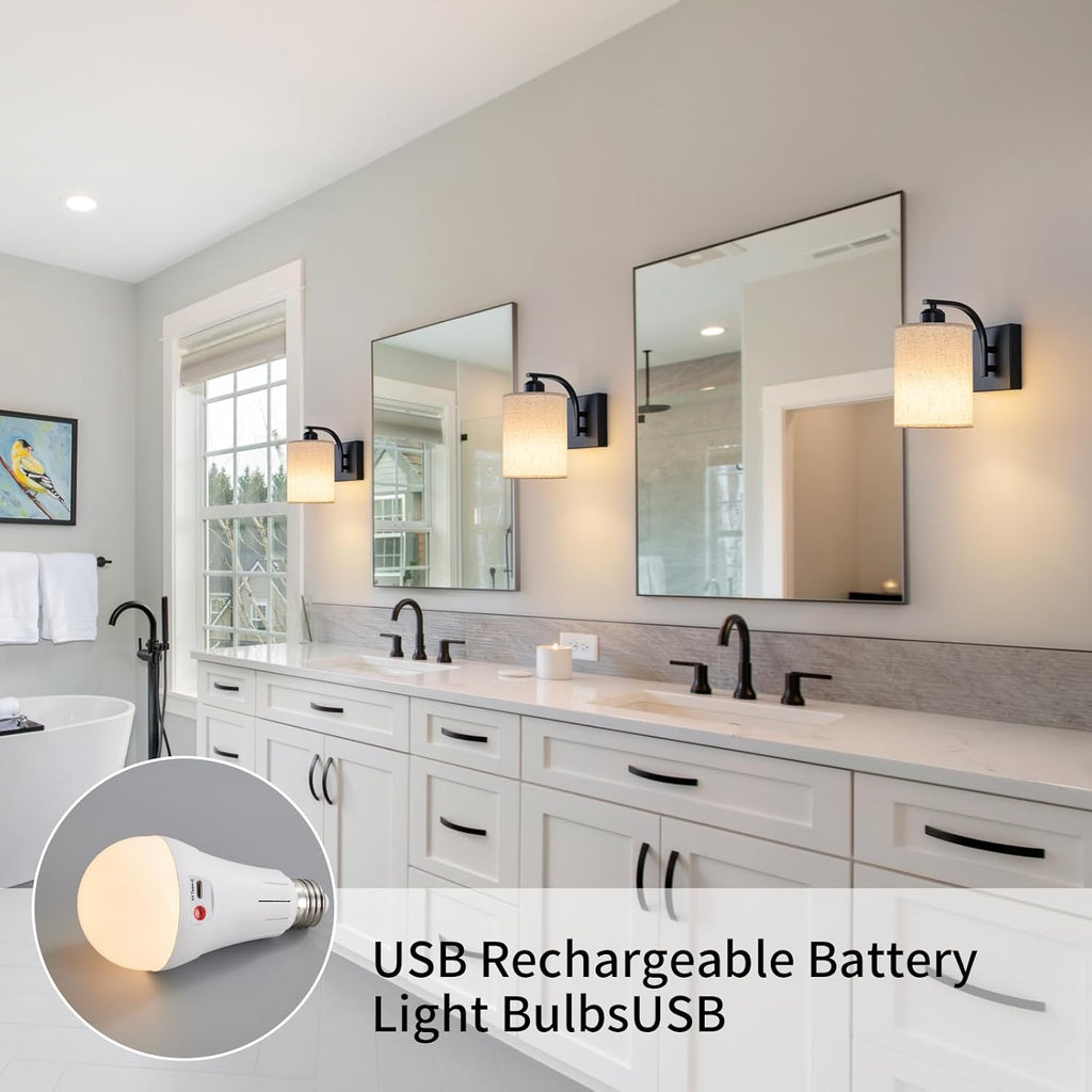 Black Rechargeable Battery Operated Wall Sconces Set of 2 with Remote, Wireless Dimmable Battery Powered LED Wall Lights, Cordless Wall Lighting Lamp Fixture for Bedroom Living Room - Grand Goldman