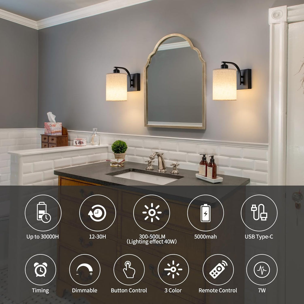 Black Rechargeable Battery Operated Wall Sconces Set of 2 with Remote, Wireless Dimmable Battery Powered LED Wall Lights, Cordless Wall Lighting Lamp Fixture for Bedroom Living Room - Grand Goldman