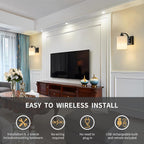 Black Rechargeable Battery Operated Wall Sconces Set of 2 with Remote, Wireless Dimmable Battery Powered LED Wall Lights, Cordless Wall Lighting Lamp Fixture for Bedroom Living Room - Grand Goldman