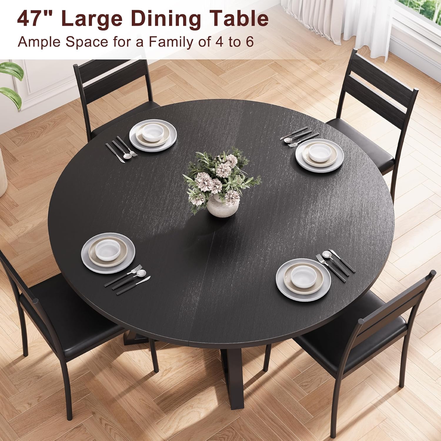 Black Round Dining Table, Round Dining Table for 4, Kitchen Table, Circle Table, Round Pedestal Dining Table, Dining Room Table, Dinner Table, Space Saving Wood Kitchen & Dining Room Tables, 47In - Grand Goldman