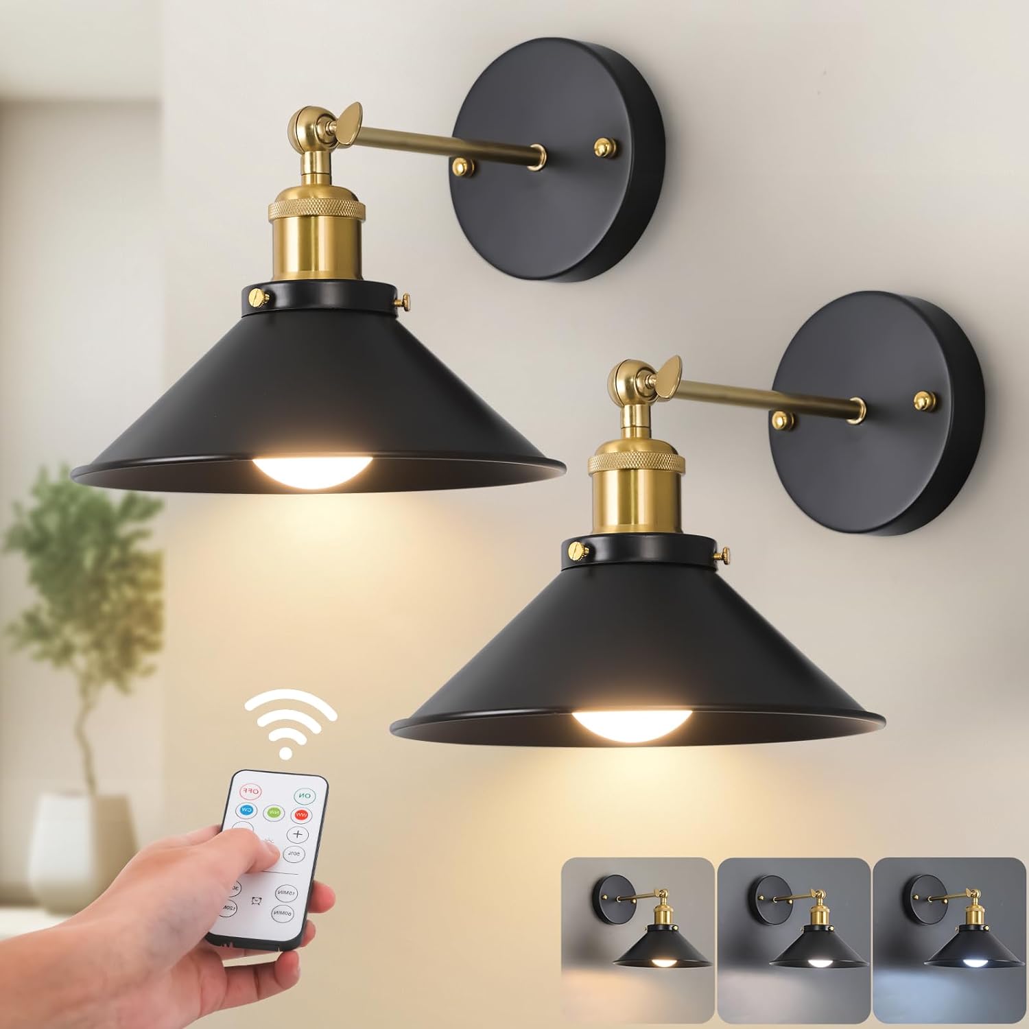 Black Vintage Wireless Battery Operated Wall Sconces, Industrial Cordless Battery Powered Led Wall Lights Set of 2, Wall Lamp Fixture Indoor with Remote Control for Bedroom Farmhouse Gallery - Grand Goldman