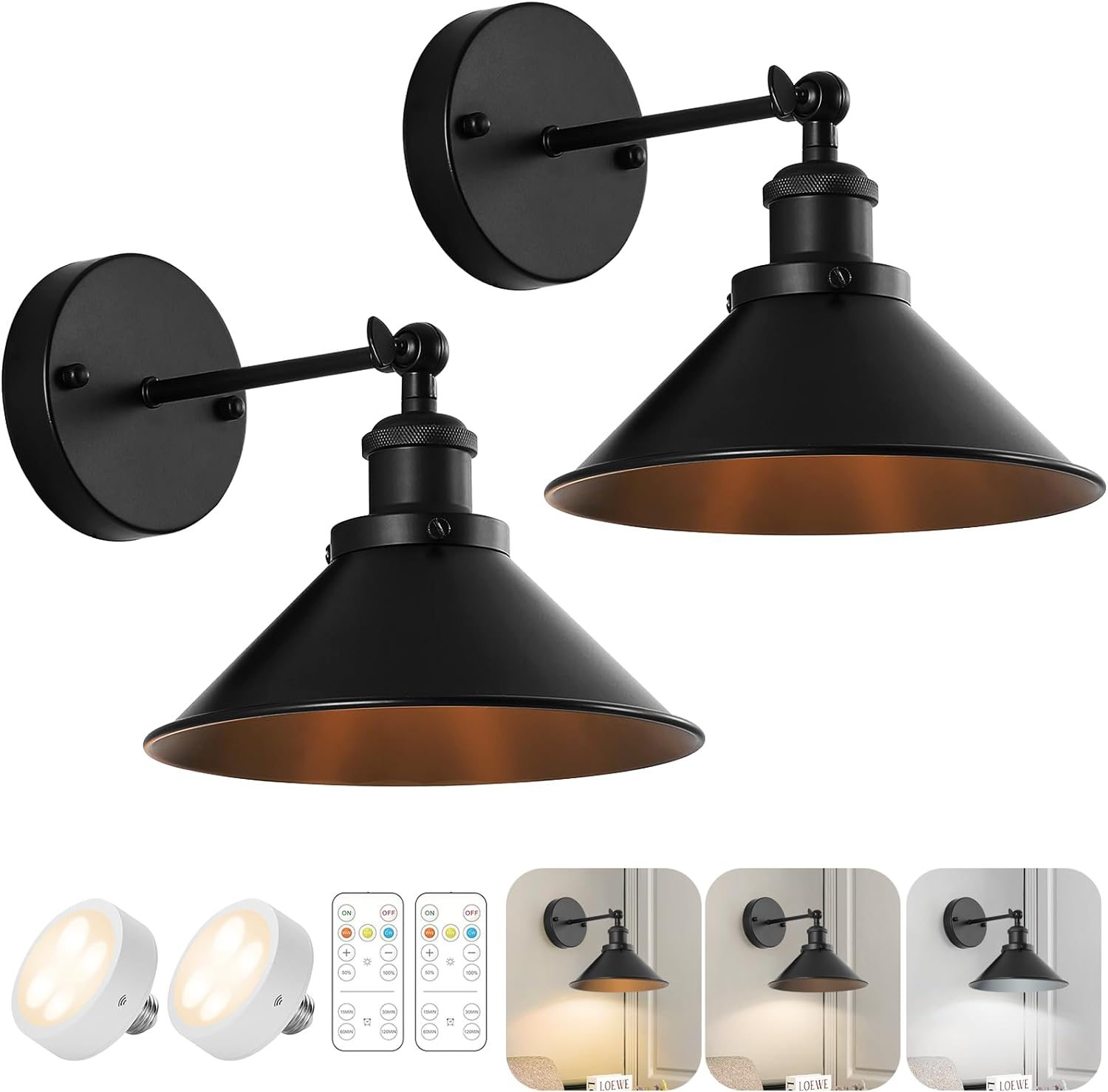 Black Vintage Wireless Battery Operated Wall Sconces, Industrial Cordless Battery Powered Led Wall Lights Set of 2, Wall Lamp Fixture Indoor with Remote Control for Bedroom Farmhouse Gallery - Grand Goldman