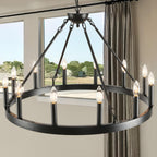Black Wagon Wheel Chandelier 32 inch,12-Light Farmhouse Wagon Wheel Chandeliers Round Industrial Ceiling Light fixtures for Outdoor Porch high Ceilings Living Dining Room Foyer Entryway - Grand Goldman