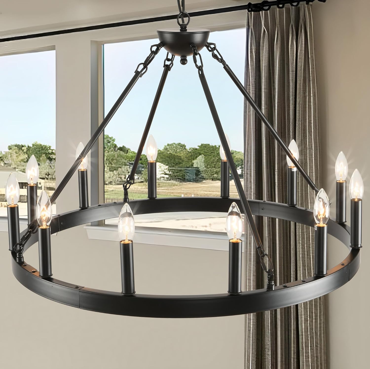 Black Wagon Wheel Chandelier 32 inch,12-Light Farmhouse Wagon Wheel Chandeliers Round Industrial Ceiling Light fixtures for Outdoor Porch high Ceilings Living Dining Room Foyer Entryway - Grand Goldman