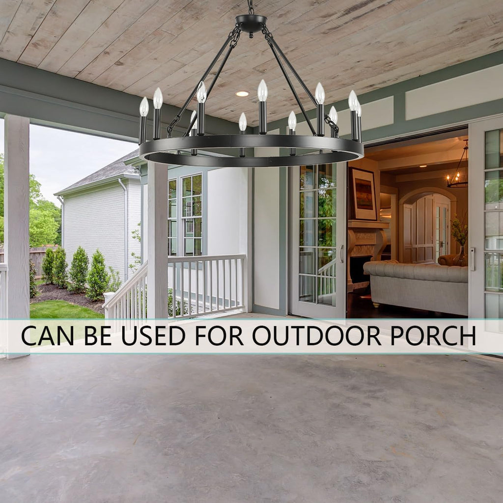 Black Wagon Wheel Chandelier 32 inch,12-Light Farmhouse Wagon Wheel Chandeliers Round Industrial Ceiling Light fixtures for Outdoor Porch high Ceilings Living Dining Room Foyer Entryway - Grand Goldman