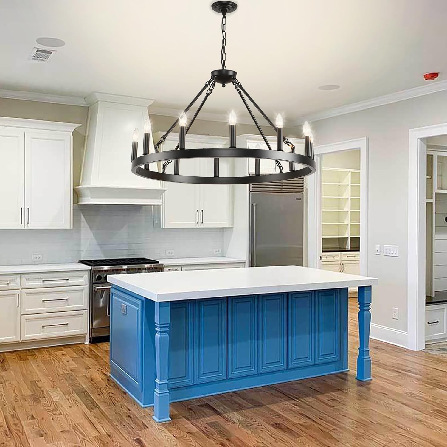 Black Wagon Wheel Chandelier 32 inch,12-Light Farmhouse Wagon Wheel Chandeliers Round Industrial Ceiling Light fixtures for Outdoor Porch high Ceilings Living Dining Room Foyer Entryway - Grand Goldman