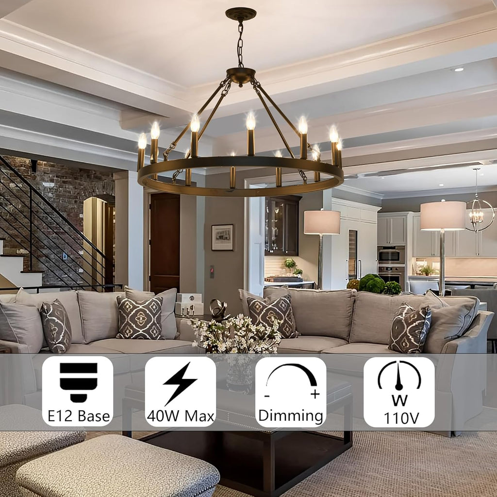 Black Wagon Wheel Chandelier 32 inch,12-Light Farmhouse Wagon Wheel Chandeliers Round Industrial Ceiling Light fixtures for Outdoor Porch high Ceilings Living Dining Room Foyer Entryway - Grand Goldman