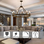 Black Wagon Wheel Chandelier 32 inch,12-Light Farmhouse Wagon Wheel Chandeliers Round Industrial Ceiling Light fixtures for Outdoor Porch high Ceilings Living Dining Room Foyer Entryway - Grand Goldman