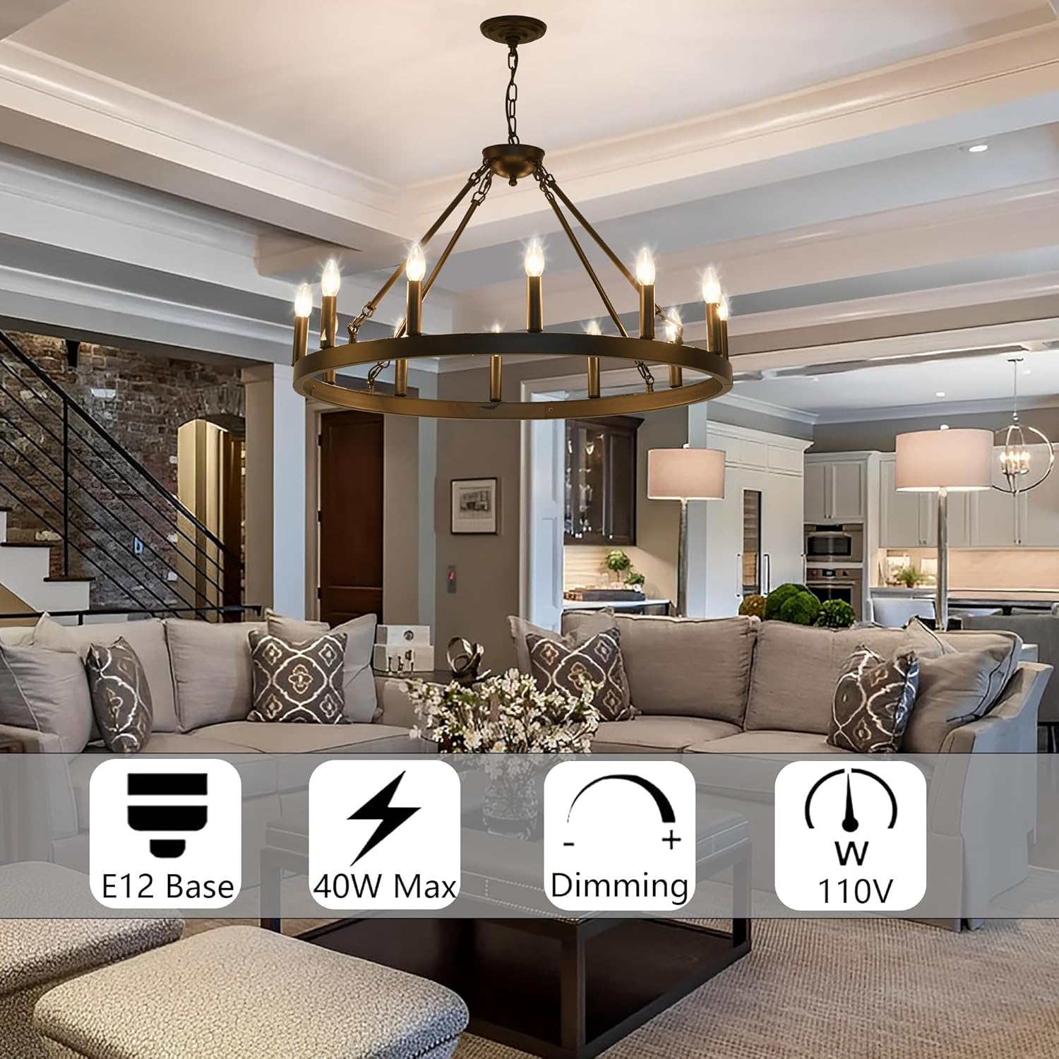 Black Wagon Wheel Chandelier 32 inch,12-Light Farmhouse Wagon Wheel Chandeliers Round Industrial Ceiling Light fixtures for Outdoor Porch high Ceilings Living Dining Room Foyer Entryway - Grand Goldman