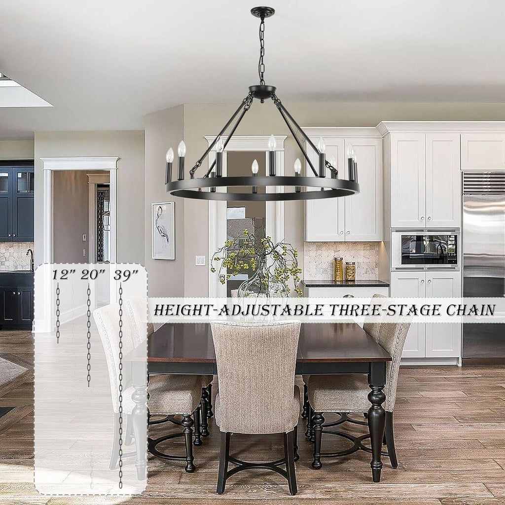 Black Wagon Wheel Chandelier 32 inch,12-Light Farmhouse Wagon Wheel Chandeliers Round Industrial Ceiling Light fixtures for Outdoor Porch high Ceilings Living Dining Room Foyer Entryway - Grand Goldman