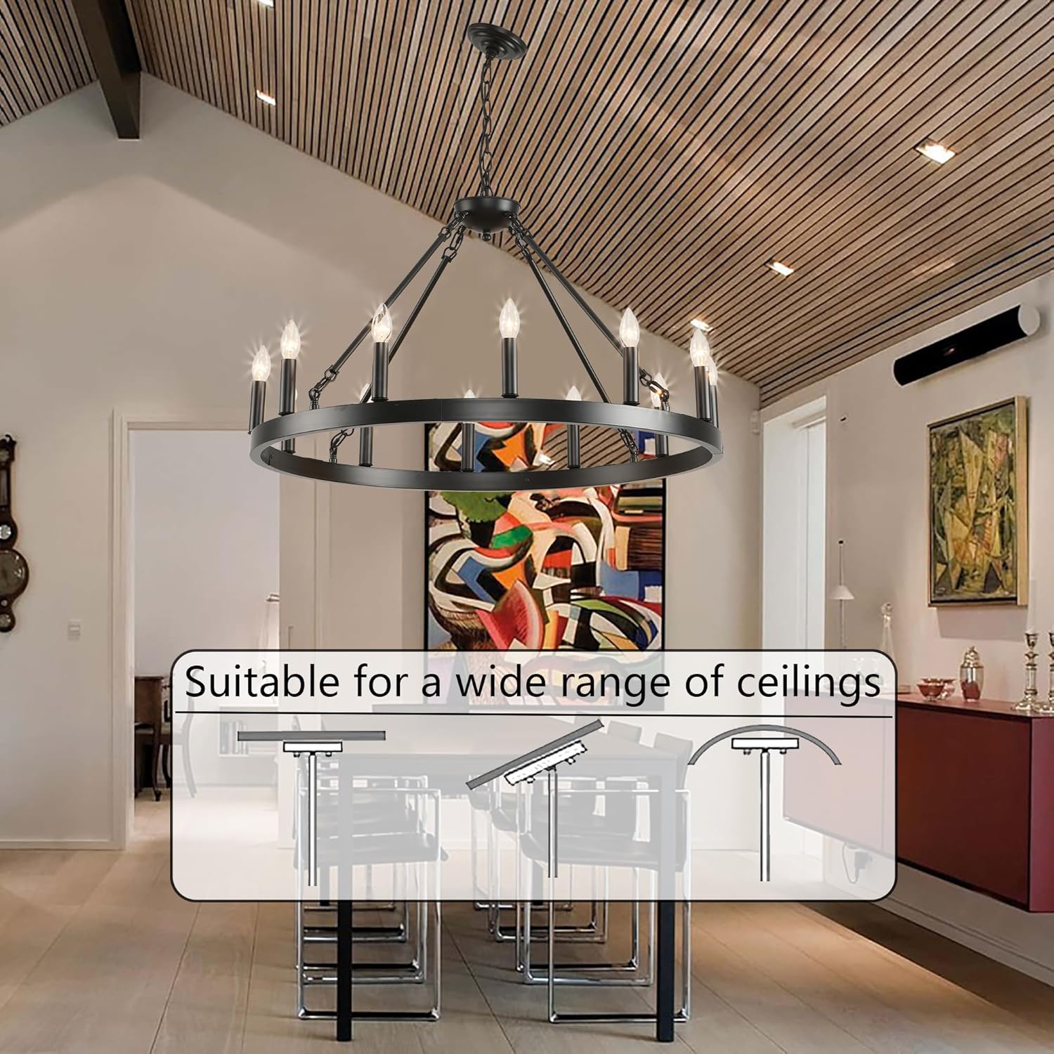 Black Wagon Wheel Chandelier 32 inch,12-Light Farmhouse Wagon Wheel Chandeliers Round Industrial Ceiling Light fixtures for Outdoor Porch high Ceilings Living Dining Room Foyer Entryway - Grand Goldman