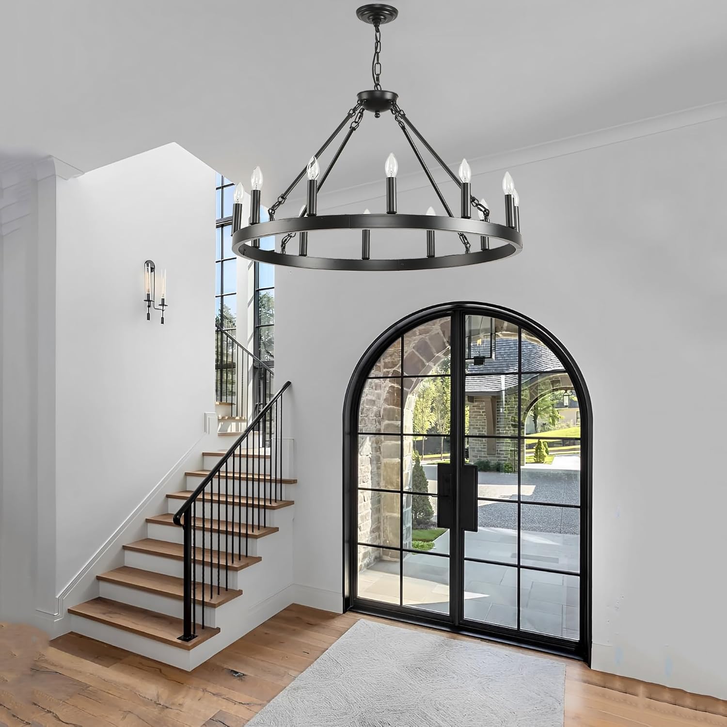 Black Wagon Wheel Chandelier 32 inch,12-Light Farmhouse Wagon Wheel Chandeliers Round Industrial Ceiling Light fixtures for Outdoor Porch high Ceilings Living Dining Room Foyer Entryway - Grand Goldman